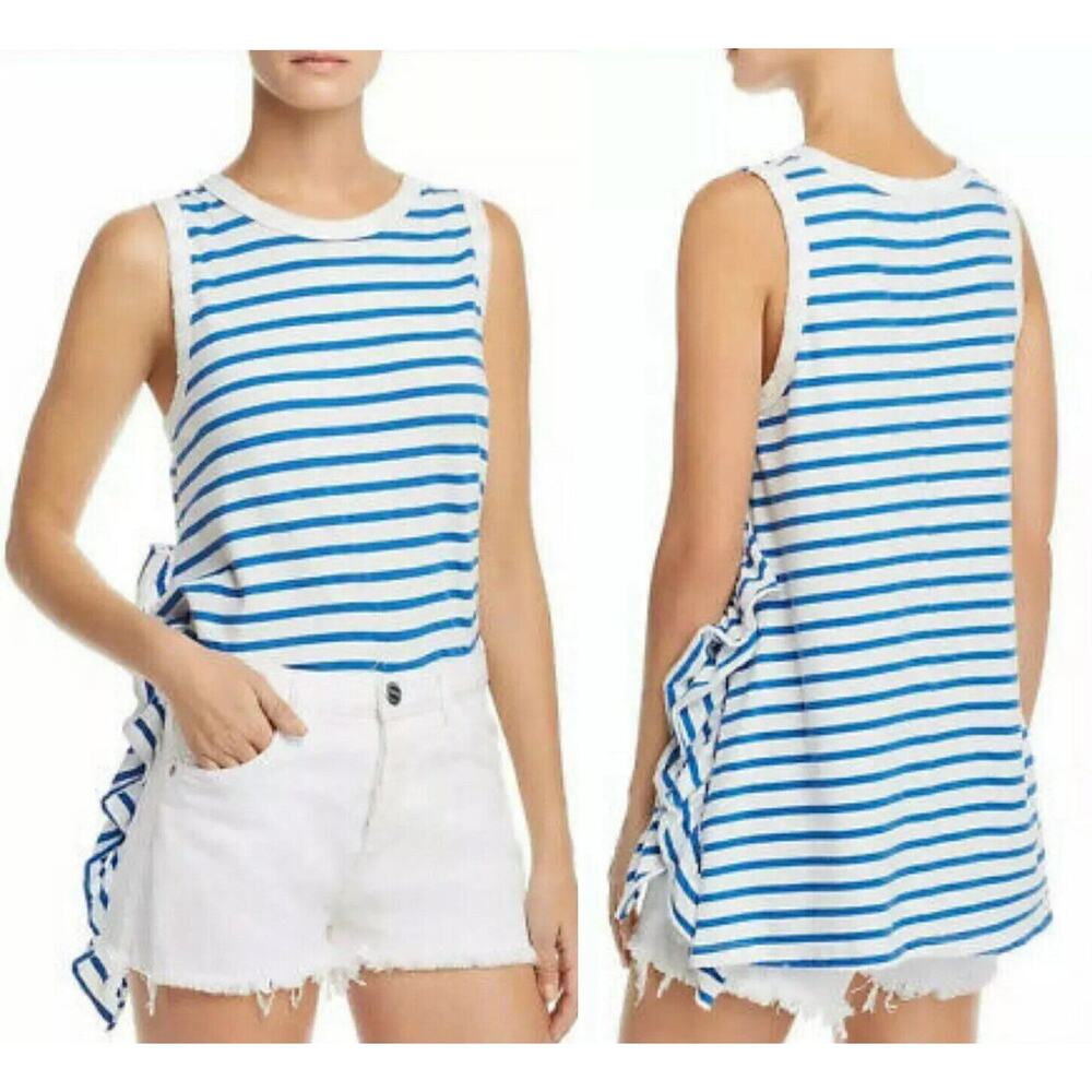 Current/Elliott Women Blue Cotton Stretch Striped Muscle Tank Top $128